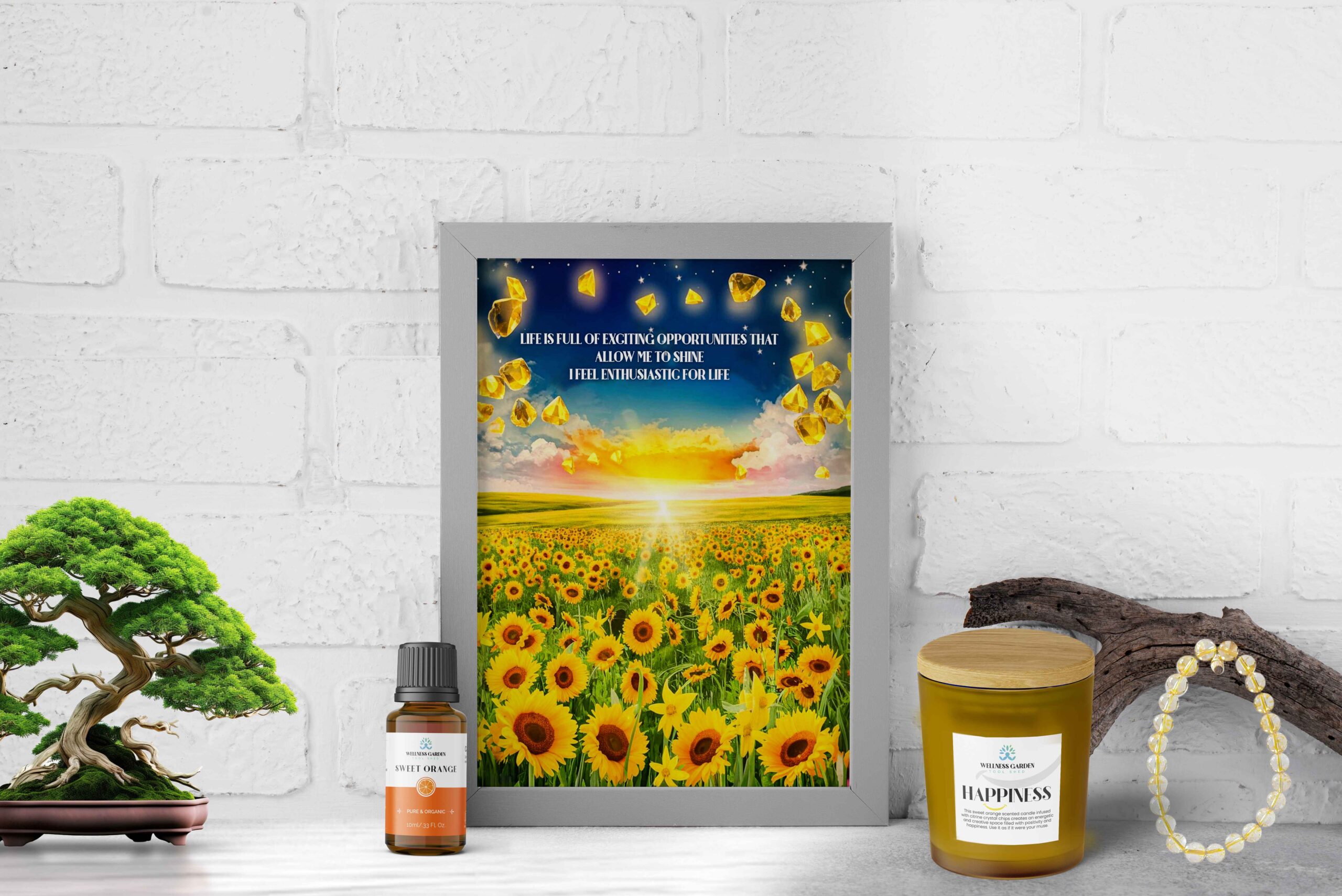 happiness bundle An artisan-created scented candle with Citrine crystals, Sweet Orange essential oil, a Citrine crystal bracelet, and a customized mantra canvas to help bring more joy to your life.