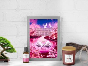 love bundle A Rose Quartz bracelet, Jasmine essential oil, scented candle with Rose Quartz crystals, and a mantra canvas to hang where love is needed.