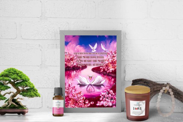 love bundle A Rose Quartz bracelet, Jasmine essential oil, scented candle with Rose Quartz crystals, and a mantra canvas to hang where love is needed.