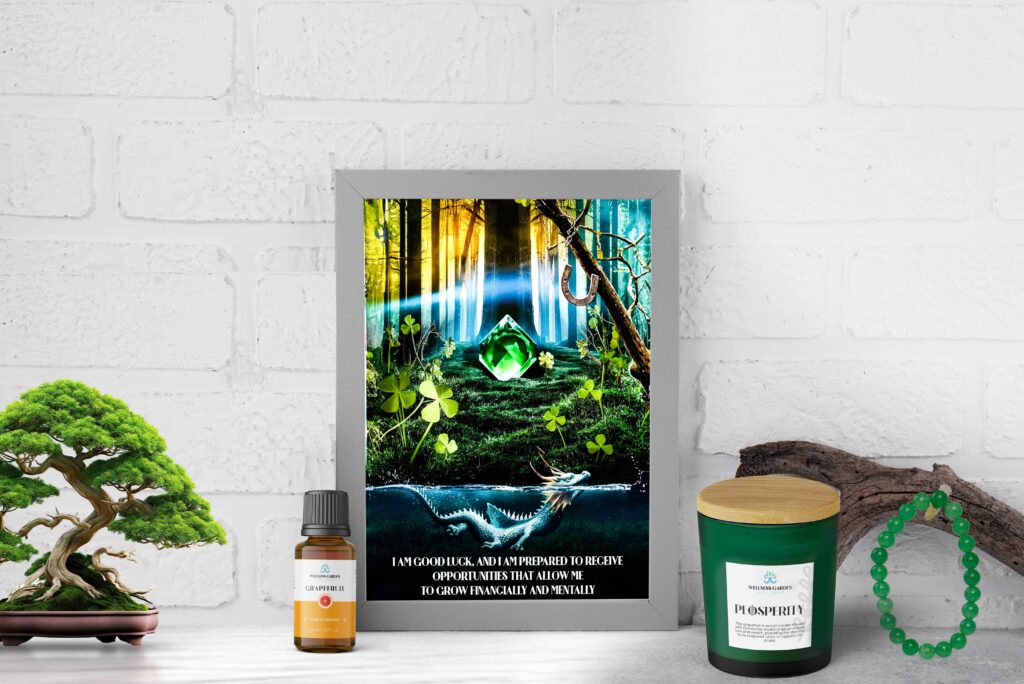 When poo poo happens, our Prosperity Bundle with Aventurine bracelet, scented candle with Aventurine crystals, organic Grapefruit essential oil, and customized mantra canvas is there to help